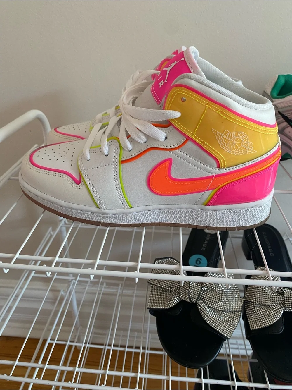 Jordan Kids Sneakers in White with Neon Pink, Neon Orange, Neon Yellow Accents